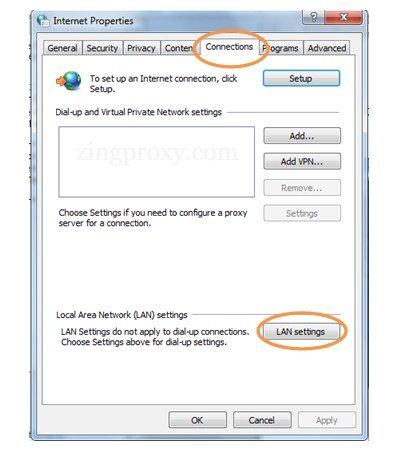 Mở LAN settings trong mục Connections