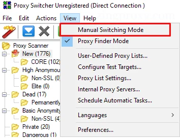 Bắt đầu cấu hình proxy với Manual Switching Mode