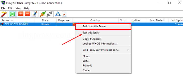 Kiểm tra hoạt động của proxy với tùy chọn Test this Server