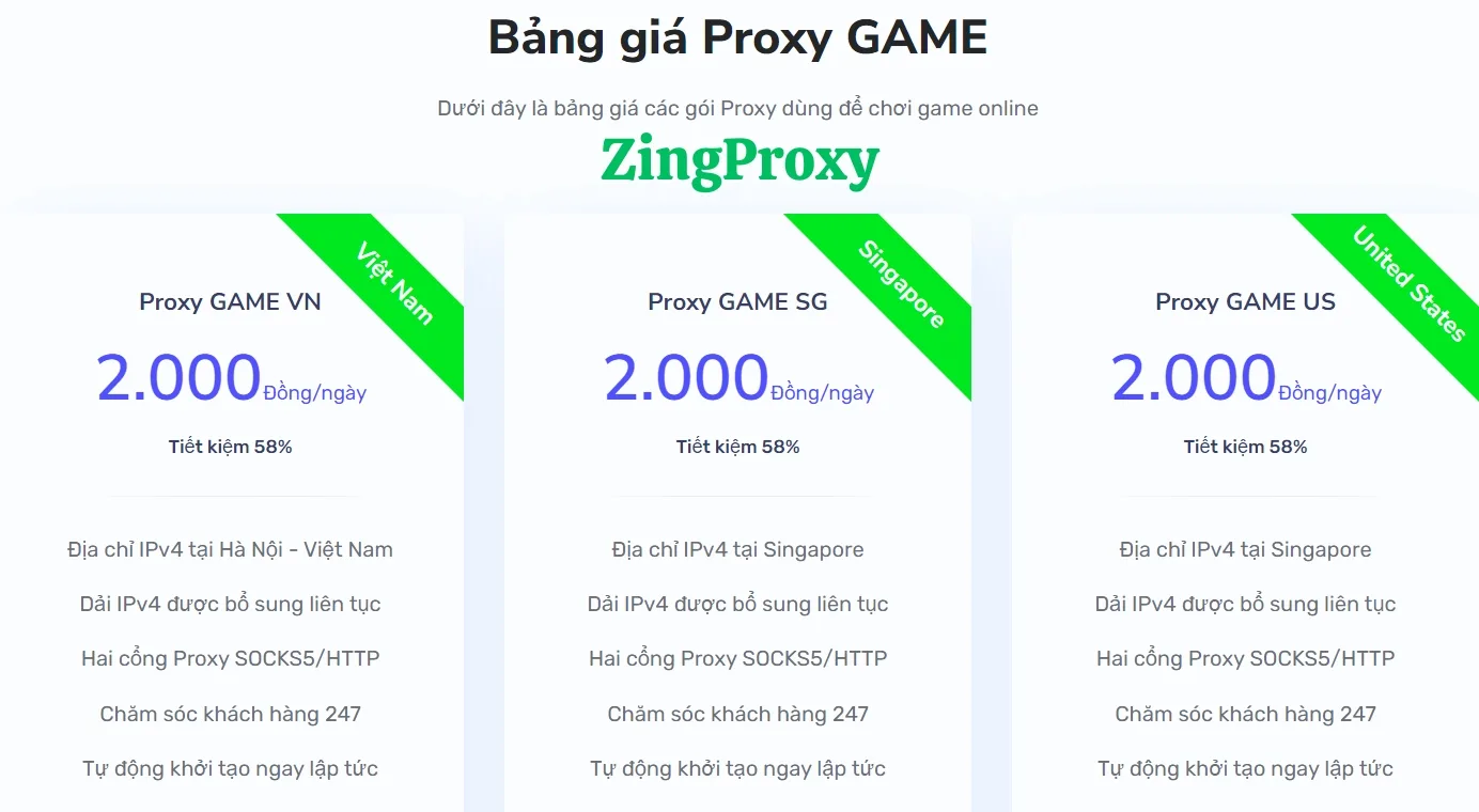 Bảng giá Proxy Game tại ZIngProxy