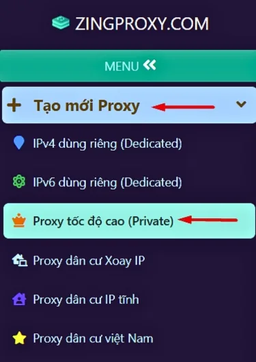 Tại mục Tạo mới Proxy chọn Proxy mà bạn muốn sử dụng
