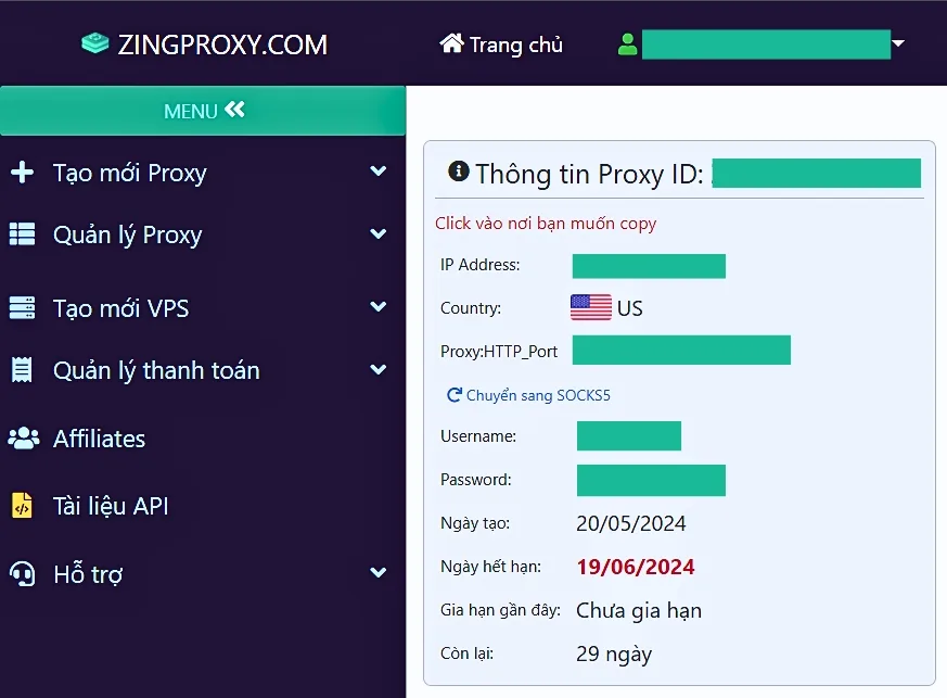 Tạo mới Proxy USA tại ZingProxy thành công