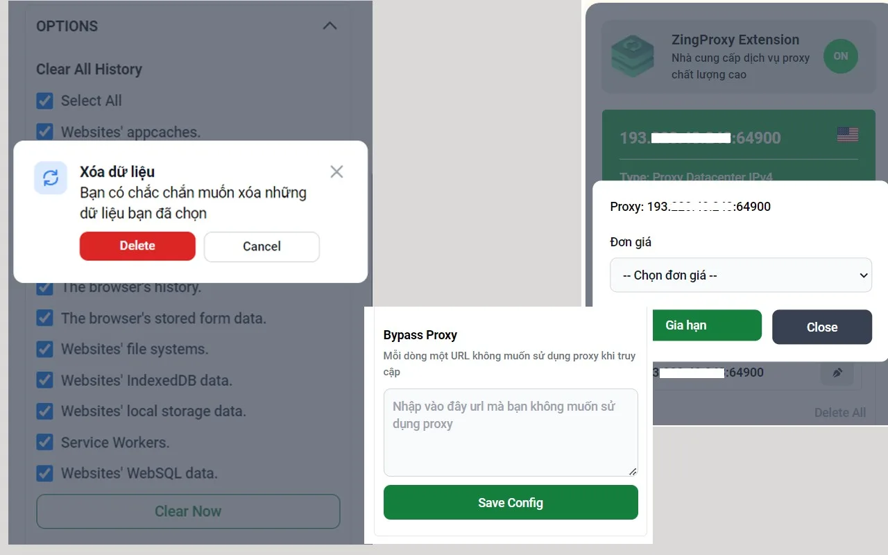xóa lịch sử, bypass URL và gia hạn proxy