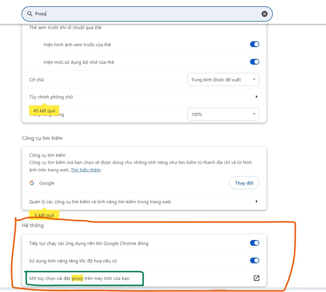 Search cài đặt proxy trong chrome