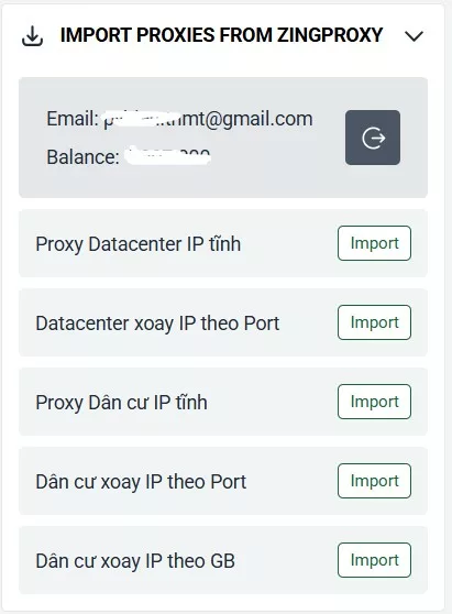 Giao diện Import Proxy từ ZingProxy