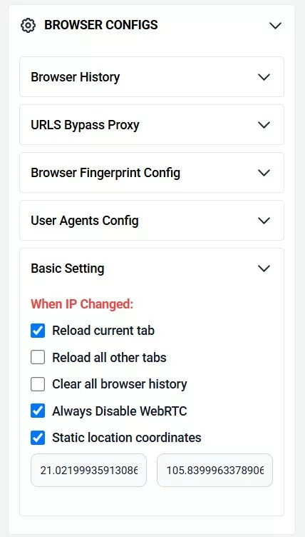 Tính năng trong Basic Setting cho phép thay đổi cài đặt WebRTC, tọa độ vị trí, lịch sử trình duyệt và reload tab khi IP thay đổi