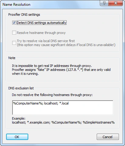Tùy chọn 'Resolve hostnames through proxy' trong cài đặt DNS của Proxifier để ngăn chặn rò rỉ DNS.