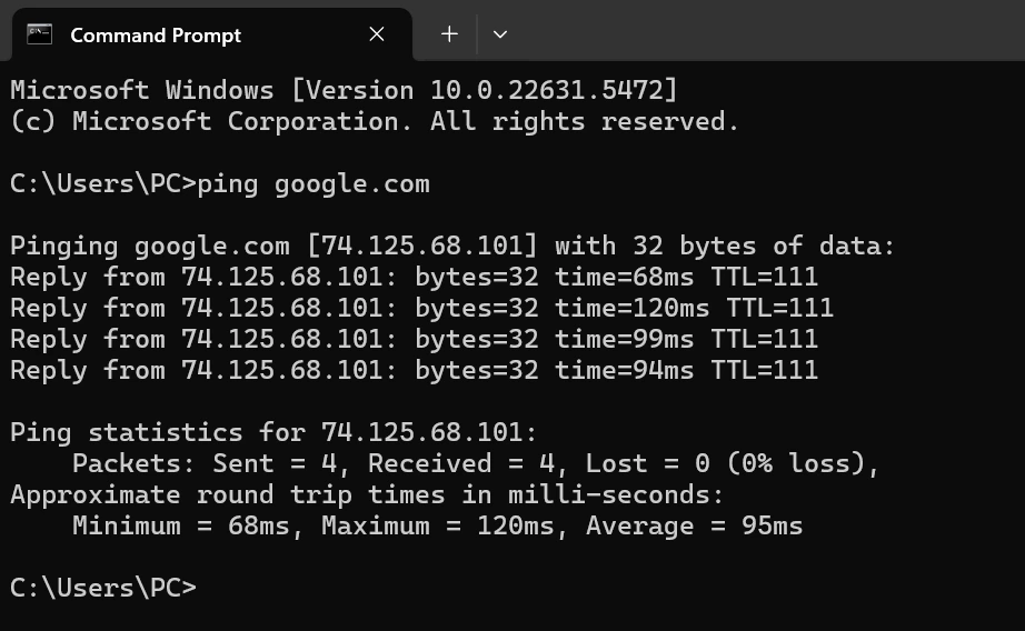 Kết quả lệnh ping thành công trên Command Prompt