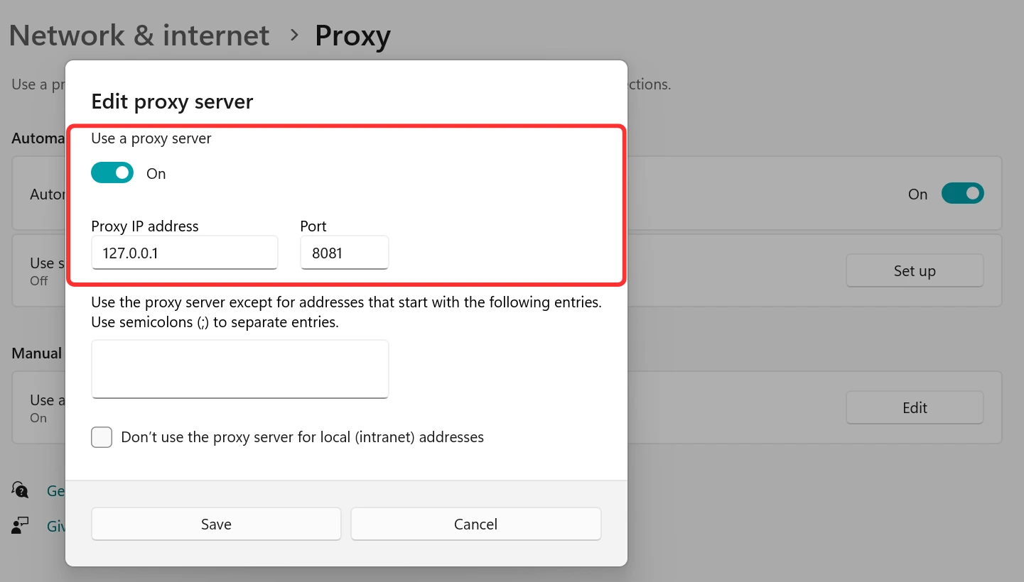 Màn hình cài đặt Proxy trên Windows 11