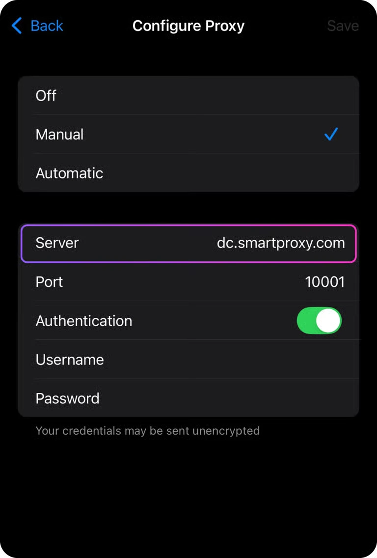 Màn hình cấu hình proxy có xác thực trên iPhone