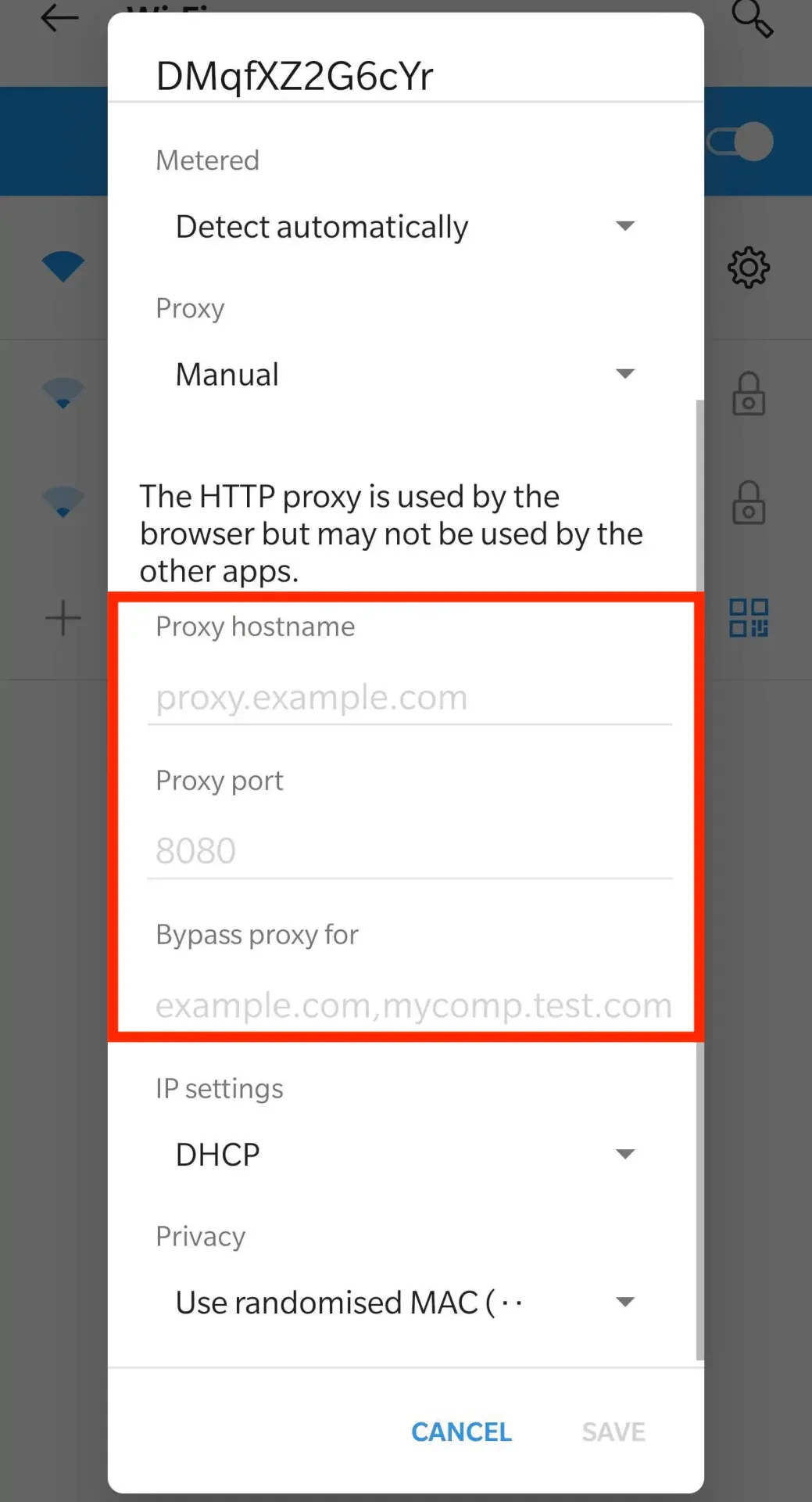 Màn hình điền thông tin proxy thủ công trên Android