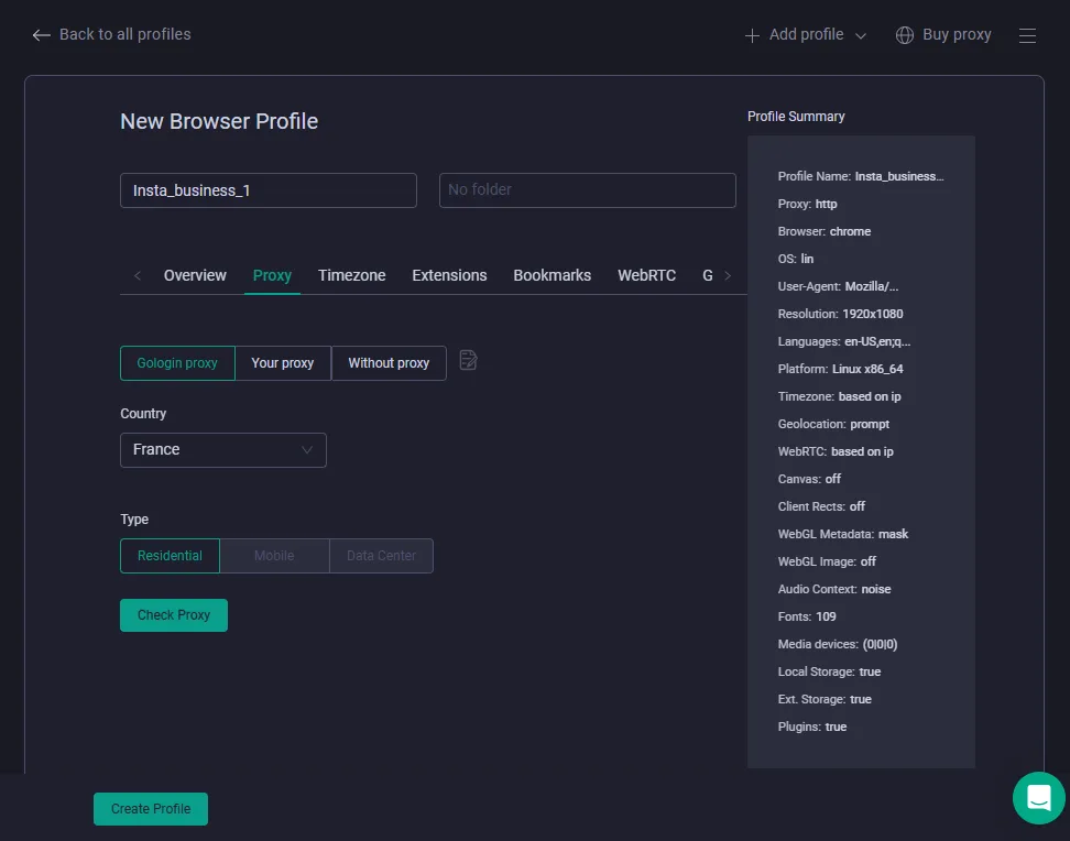 Giao diện cấu hình Proxy Dân Cư (Residential) cho một profile mới trên Gologin, một bước quan trọng để nuôi tài khoản Instagram an toàn.