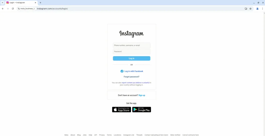Sau khi cài đặt profile Gologin và proxy, người dùng sẽ thấy trang đăng nhập Instagram để bắt đầu quá trình sử dụng.