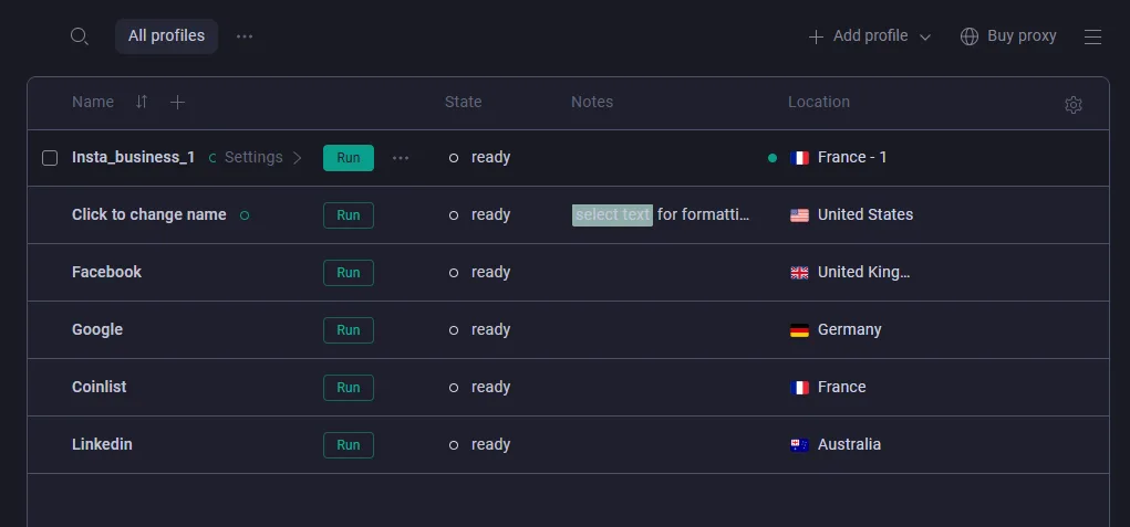Giao diện Gologin cho phép quản lý nhiều profile trình duyệt độc lập, mỗi profile tương ứng với một tài khoản mạng xã hội khác nhau.
