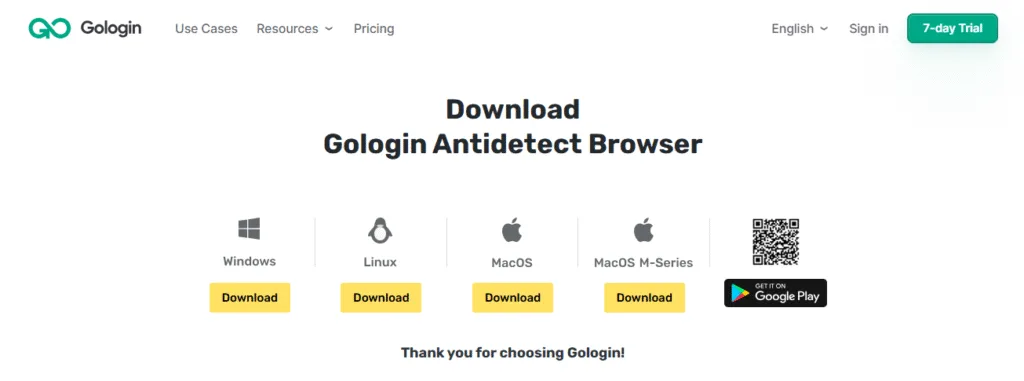Tải trình duyệt Gologin cho các hệ điều hành như Windows, macOS và Linux để bắt đầu quá trình nuôi tài khoản Instagram.