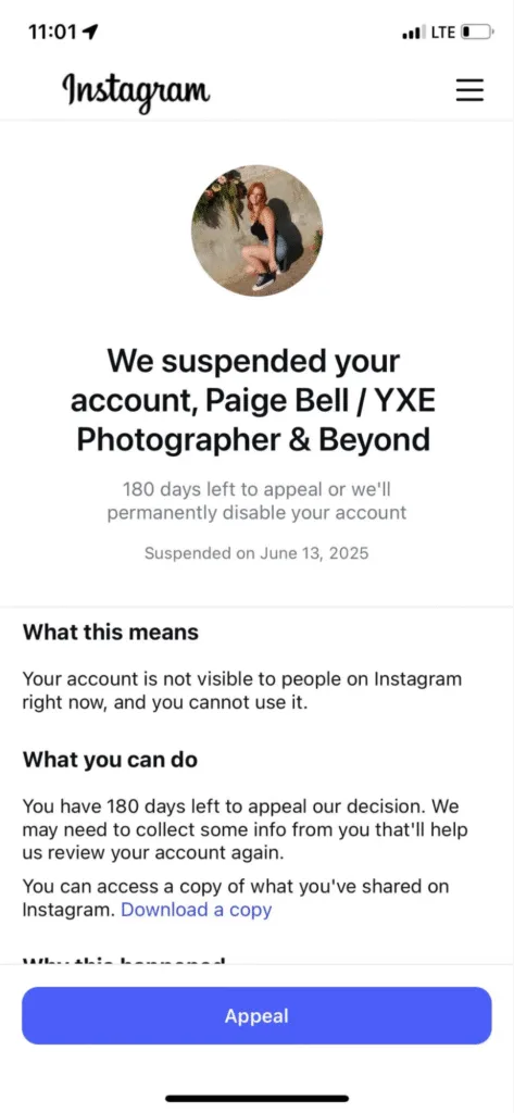 Thông báo đình chỉ tài khoản là một trong những rủi ro khi nuôi tài khoản Instagram không đúng cách.
