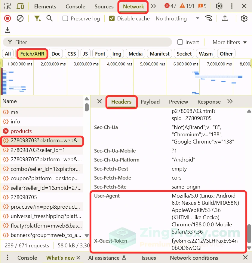 Kiểm tra tab Headers trong công cụ Developer Tools để tìm User-Agent và X-Guest-Token khi phân tích API của Tiki.