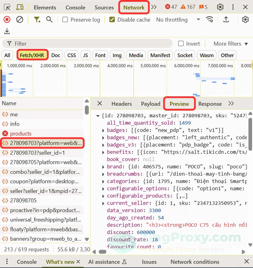 Sử dụng tab Preview trong công cụ Developer Tools để xem trước dữ liệu JSON và xác nhận đã tìm đúng API chứa thông tin sản phẩm trên Tiki.
