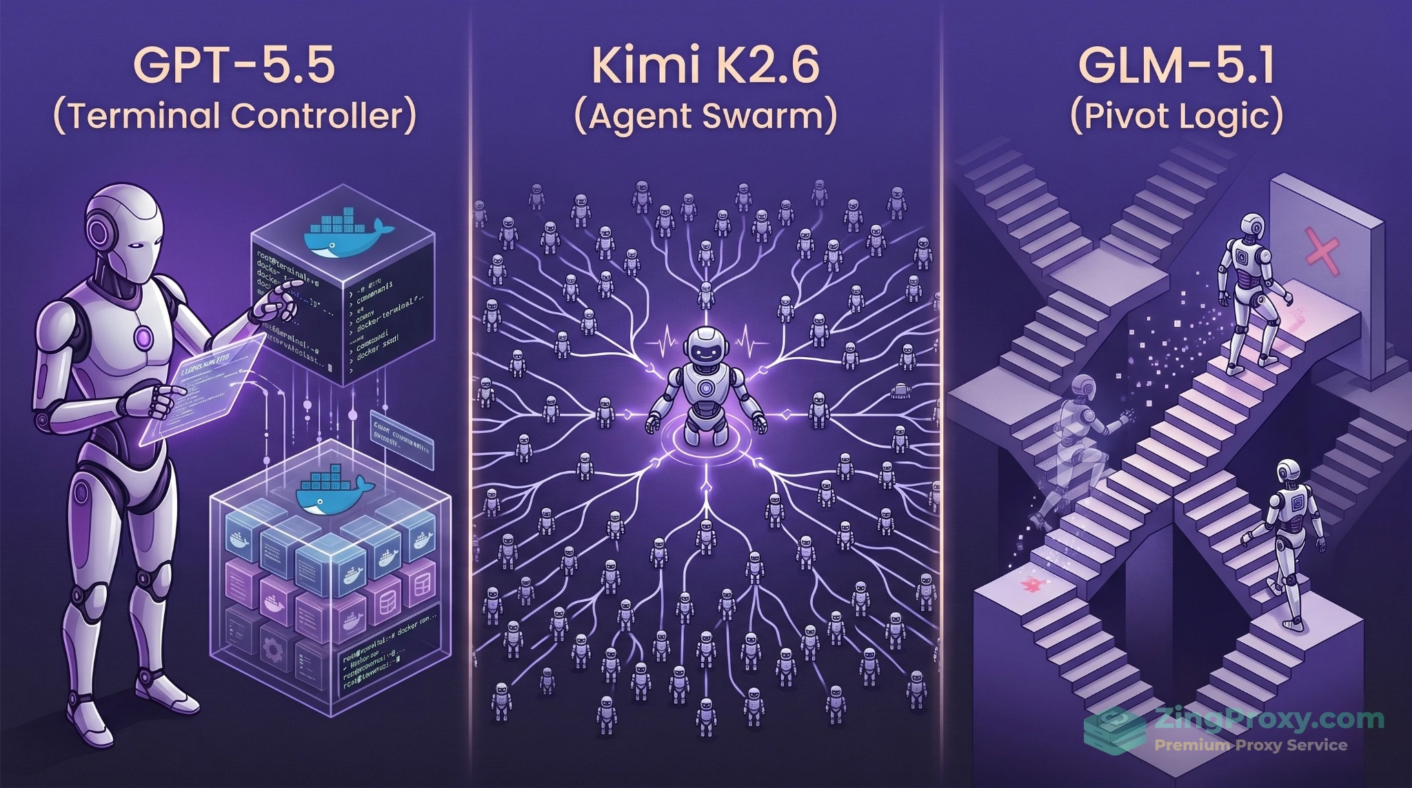 Phân tích sự khác biệt về triết lý vận hành giữa GPT-5.5 Terminal, Kimi Agent Swarm và GLM Pivot Logic.