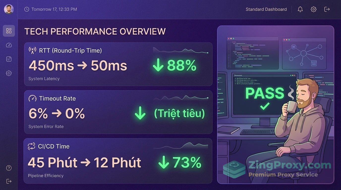 Bảng thống kê hiệu quả giảm RTT, tỷ lệ timeout và thời gian CI/CD khi áp dụng Datacenter Proxy US.