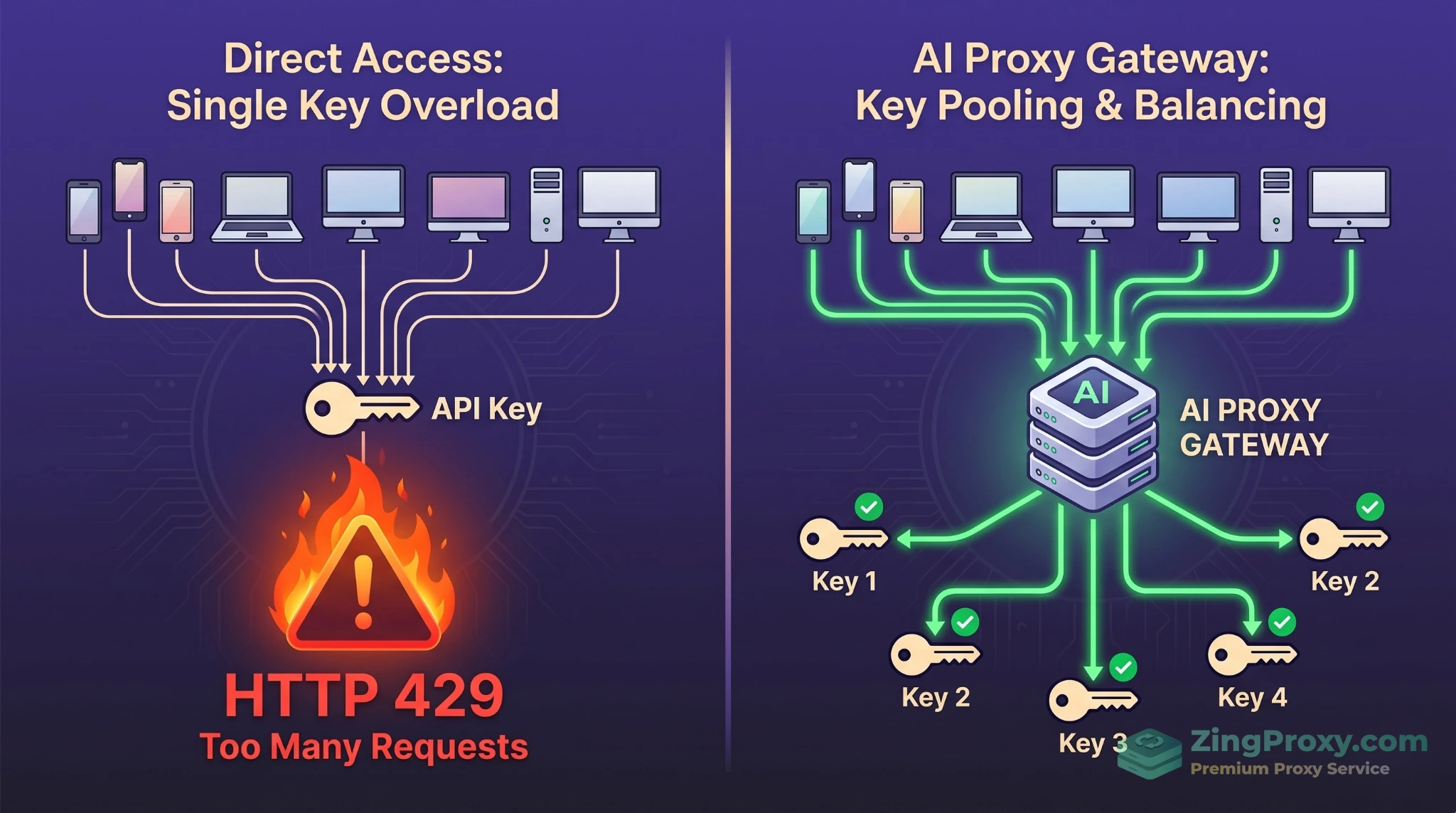 Mô hình so sánh nghẽn cổ chai API trực tiếp và hệ thống phân tải qua Proxy Gateway.