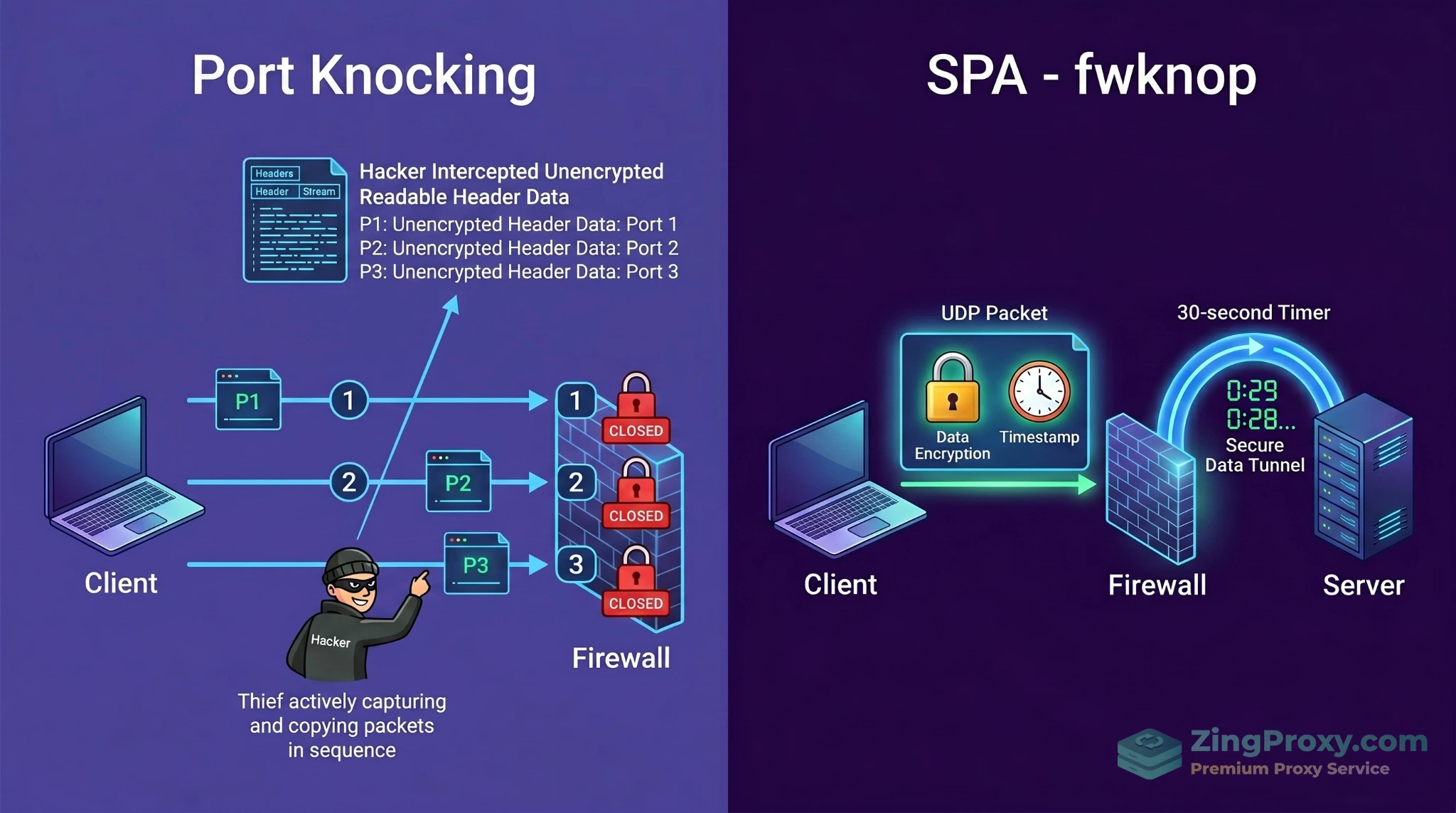Cơ chế hoạt động của Single Packet Authorization (SPA) so với Port Knocking trong việc ẩn cổng SSH.