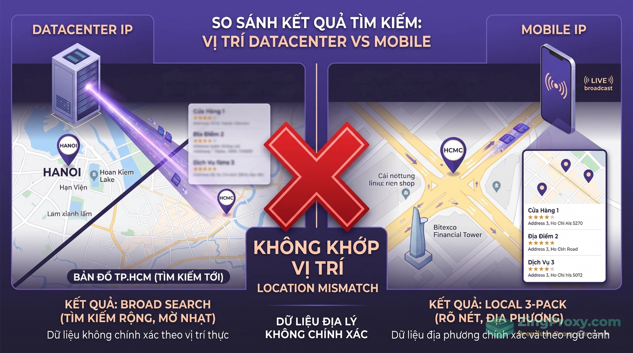 Hiện tượng ảo giác thứ hạng Rank Illusion trong Local SEO do sai lệch vị trí IP.