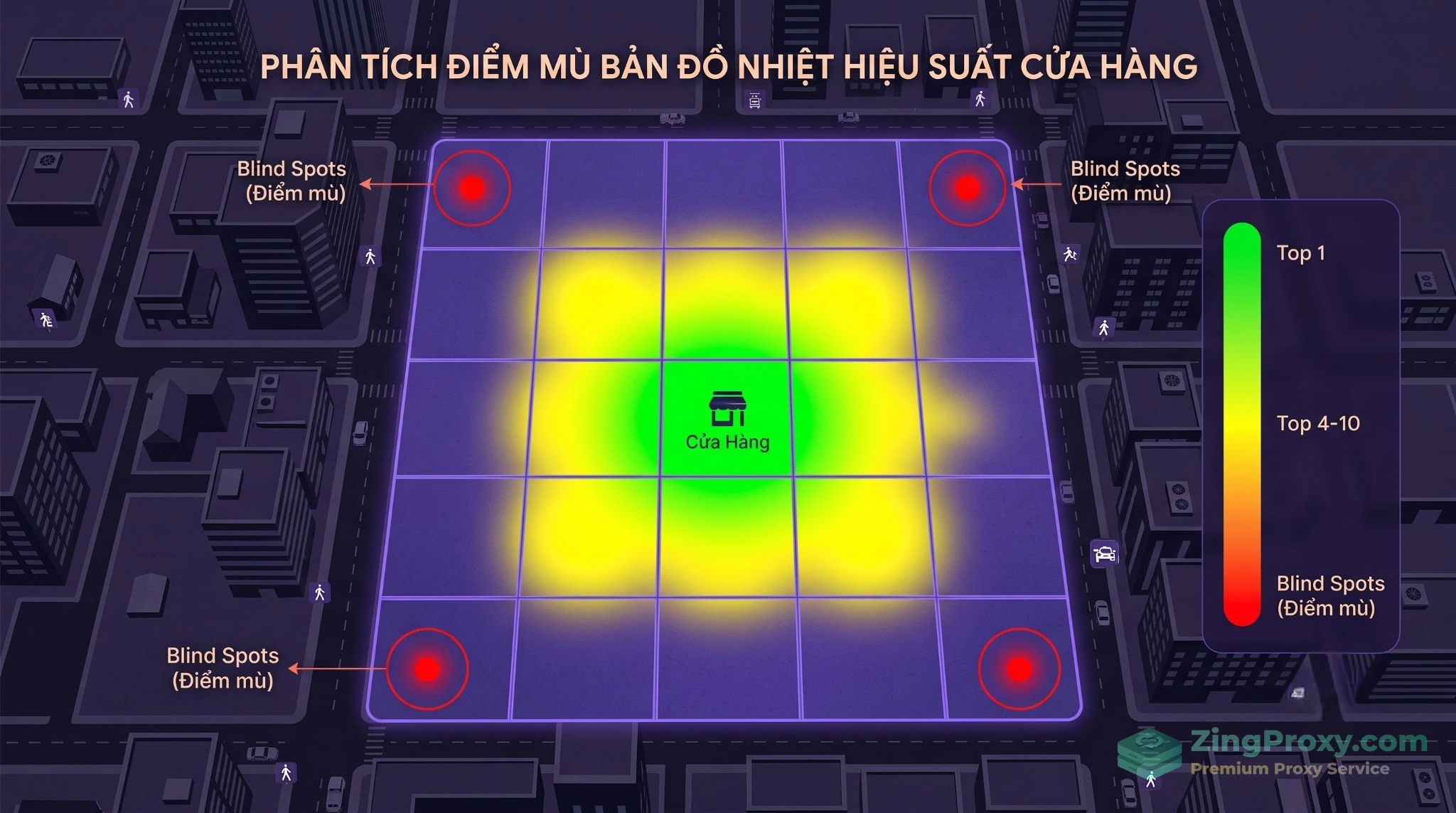 Bản đồ nhiệt GeoGrid Tracking phân tích điểm mù thứ hạng Google Maps.