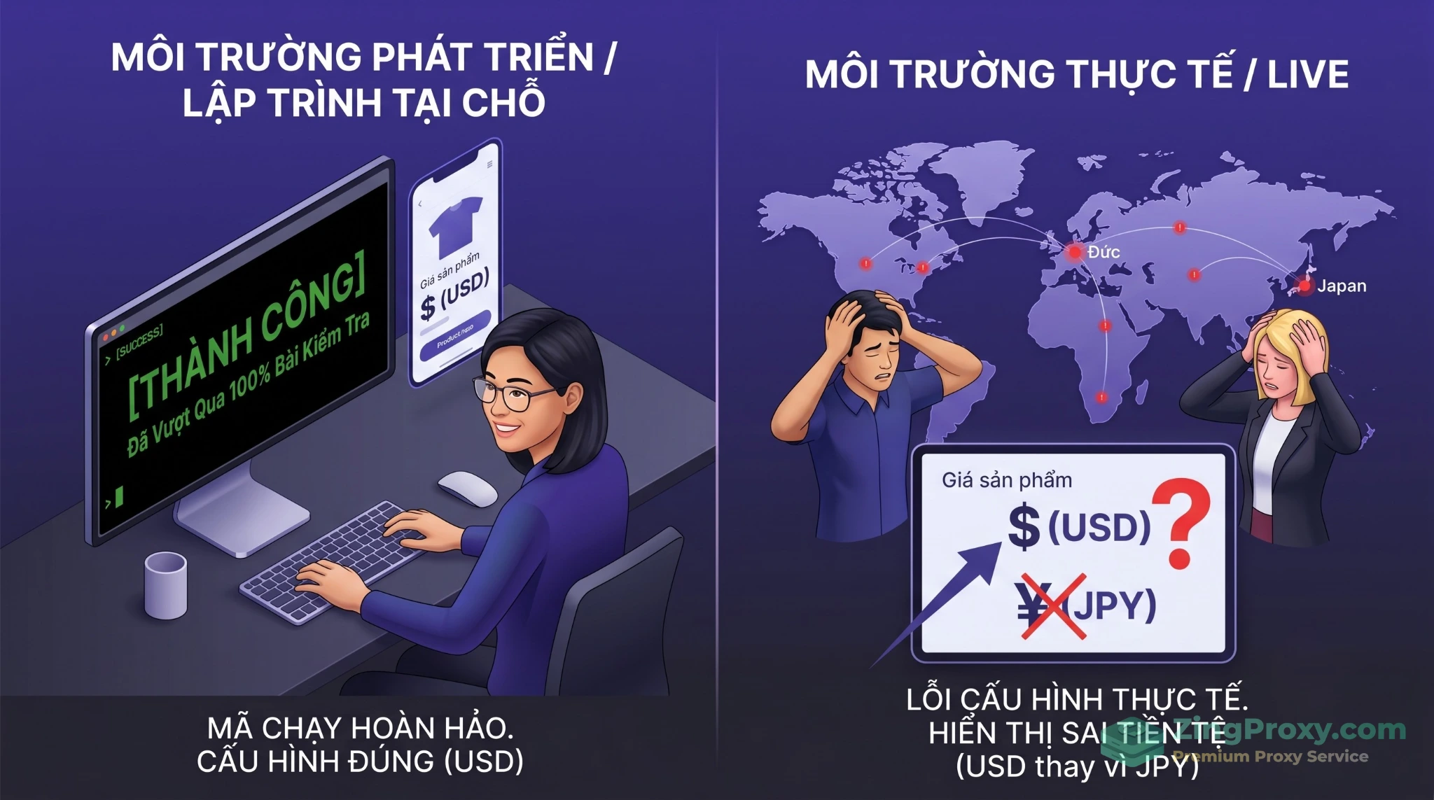So sánh sự khác biệt khi test ứng dụng ở môi trường Local và khi người dùng thực tế trên Production gặp lỗi Geo-blocking.