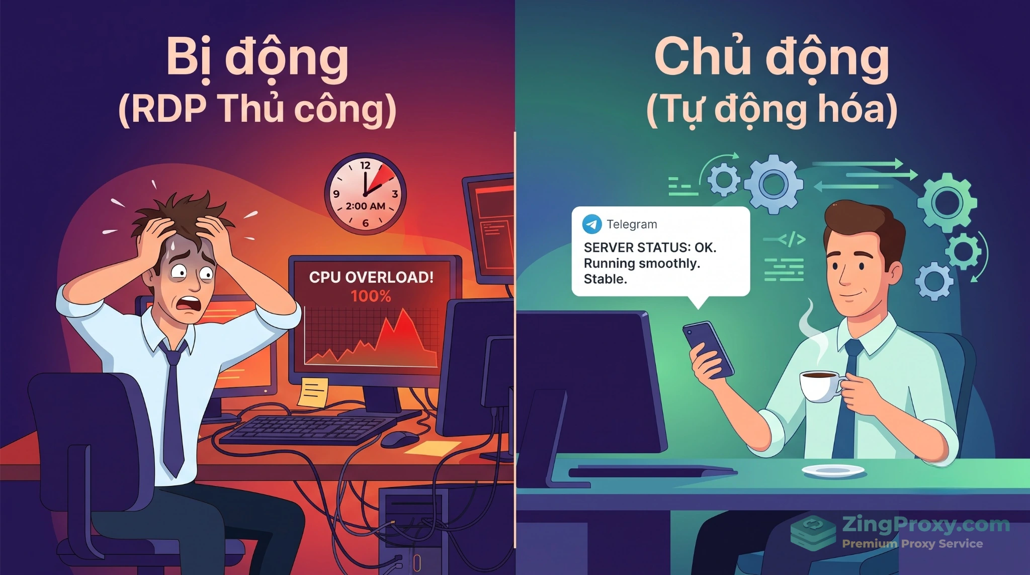 So sánh hiệu quả giữa quản trị RDP thủ công và giải pháp tự động hóa quản trị VPS Windows Server từ xa qua Telegram.