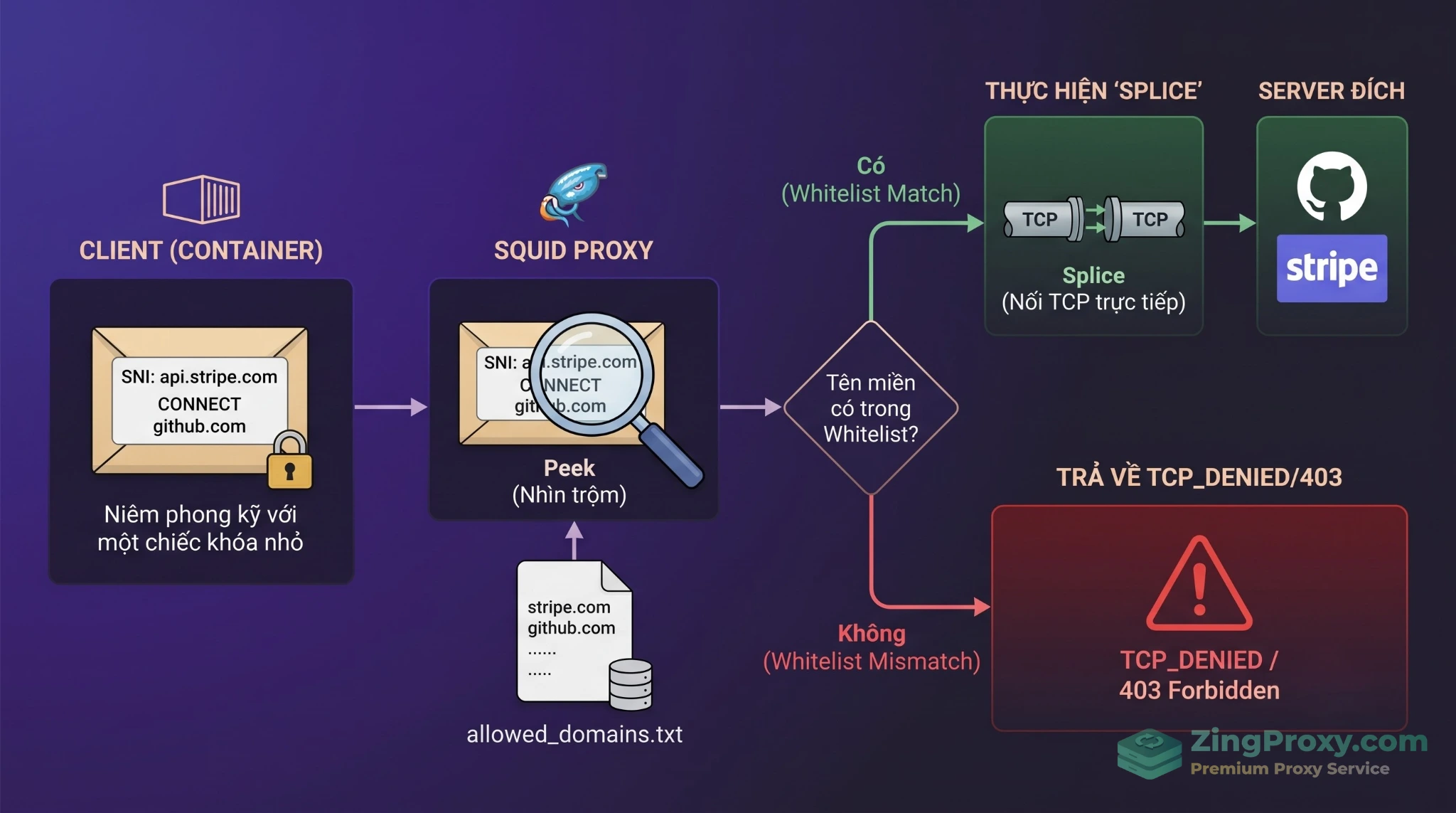 Quy trình Squid Proxy kiểm duyệt HTTPS Domain bằng Whitelist mà không cần giải mã TLS SSL Bump