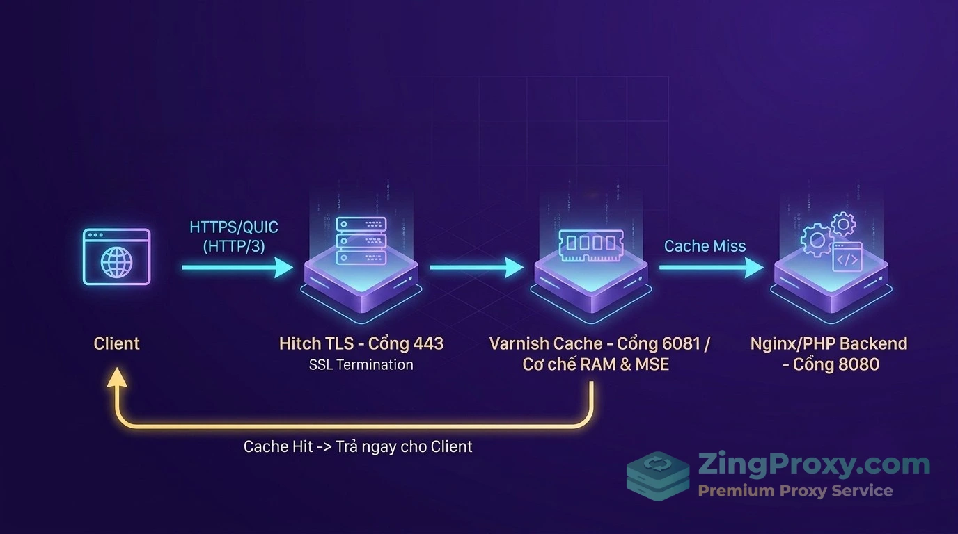 Sơ đồ luồng xử lý request qua 3 lớp kiến trúc CDN nội bộ sử dụng Hitch TLS, Varnish Cache và Nginx.