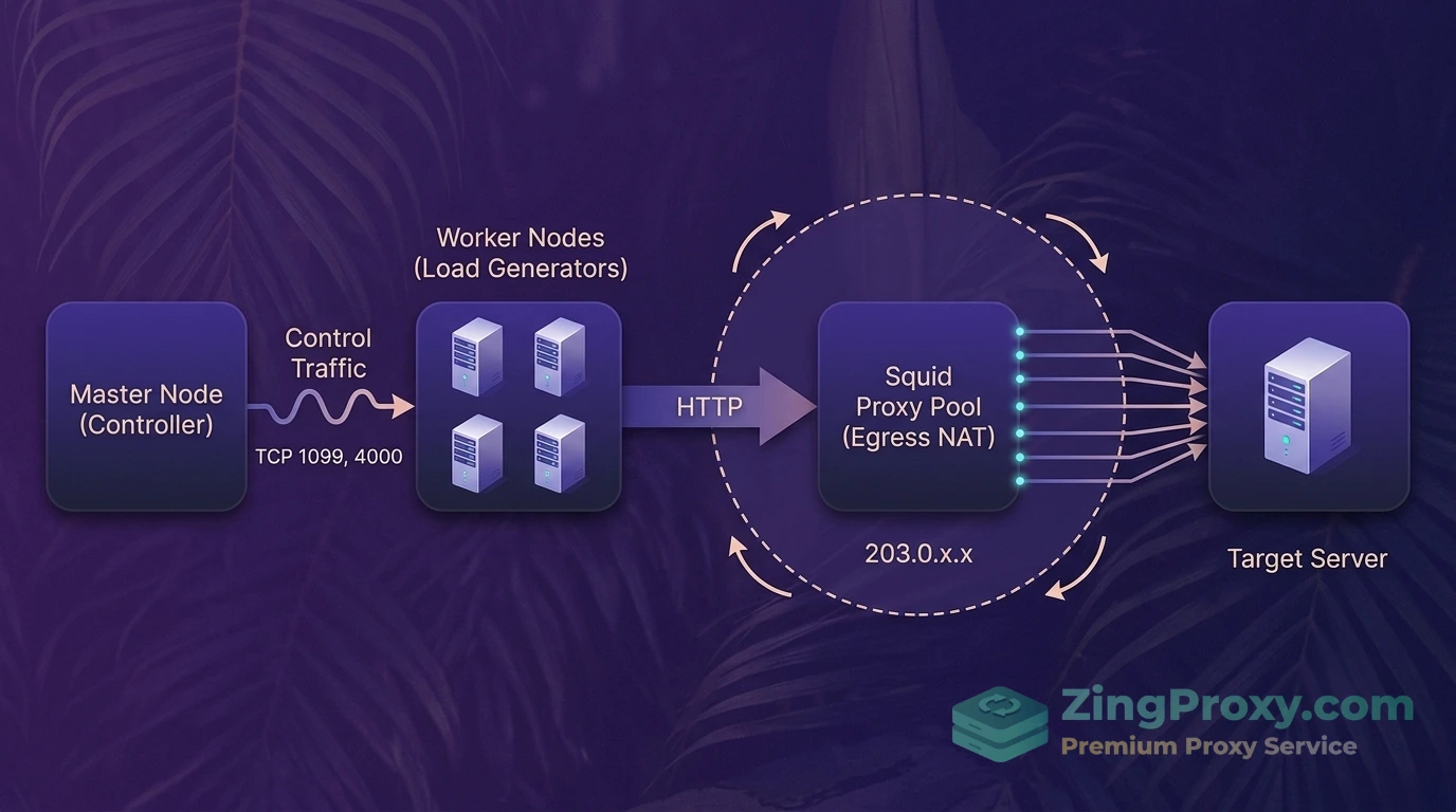 Sơ đồ kiến trúc tối ưu Load Testing bằng Apache JMeter phân tán kết hợp mạng Proxy Squid