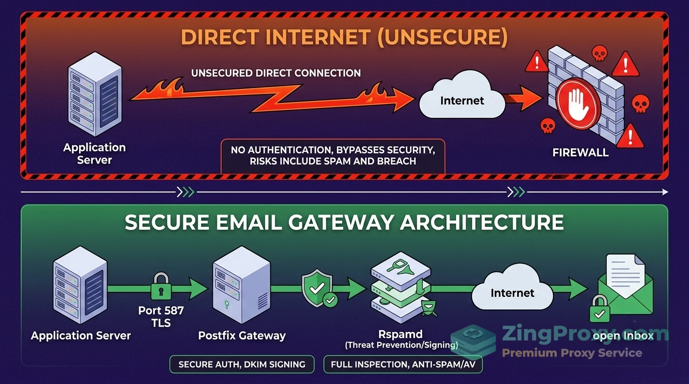 Sơ đồ so sánh kiến trúc gửi mail trực tiếp và mô hình thiết lập SMTP Relay an toàn trên VPS Linux.