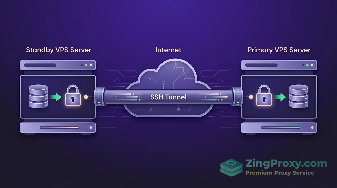Sơ đồ kiến trúc đồng bộ dữ liệu PostgreSQL qua đường hầm SSH Proxy Tunnel giữa máy chủ Standby và Primary.