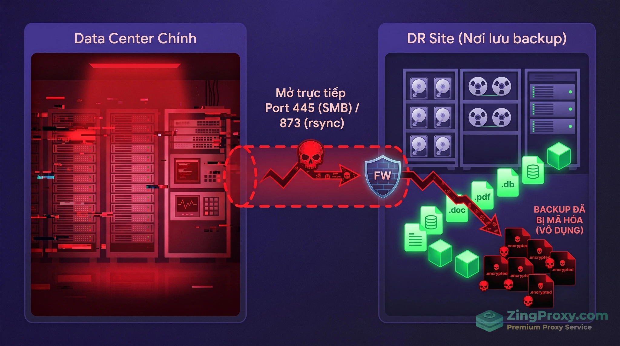 Sơ đồ minh họa quá trình lây lan của Ransomware qua cổng SMB 445 đang mở trực tiếp giữa Trung tâm dữ liệu chính và DR Site.