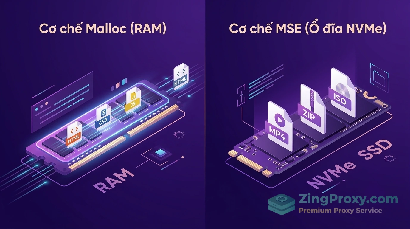 Phân bổ tài nguyên lưu trữ trong Varnish Cache: sử dụng RAM (malloc) cho tệp nhỏ và MSE (ổ cứng NVMe) cho tệp dung lượng lớn.