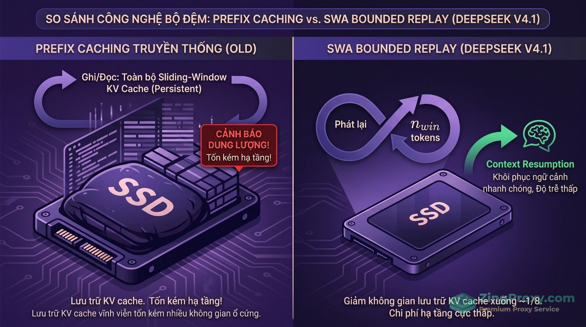 So sánh hiệu quả lưu trữ giữa cơ chế SWA Bounded Replay của DeepSeek V4.1 và Prefix Caching truyền thống.